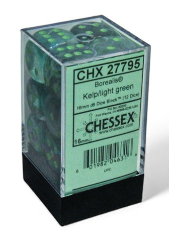 Borealis: 16mm d6 Kelp/light green Luminary Dice Block (12 dice)