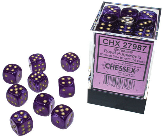 Borealis: 12mm d6 Royal Purple/gold Luminary Dice Block (36 dice)