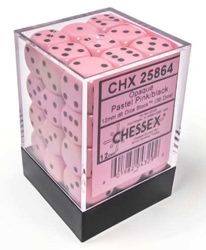 Pastel Pink/black Opaque 12mm d6 Dice Block (36 dice)