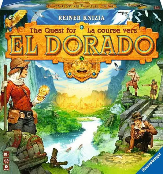 Board game box for 'The Quest for El Dorado' by Ravensburger with characters and landscape illustration.