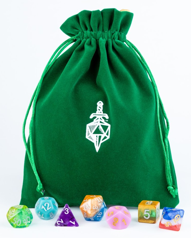 6in x 8in Large Green Velvet Dice Bag with Gold Satin Lining