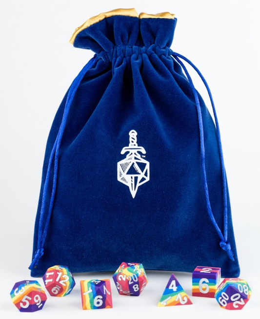 6in x 8in Large Blue Velvet Dice Bag with Gold Satin Lining