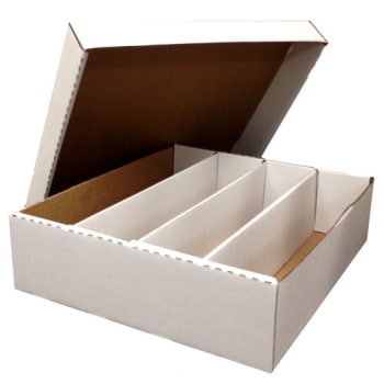 A white cardboard box with multiple compartments, its lid is open showing the interior.