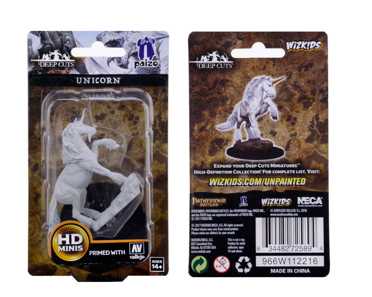 Unicorn figurine with packaging featuring Wizkids branding on a white background