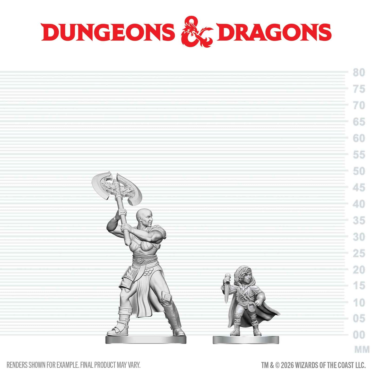 Two miniature figures on a scale with Dungeons & Dragons logo above