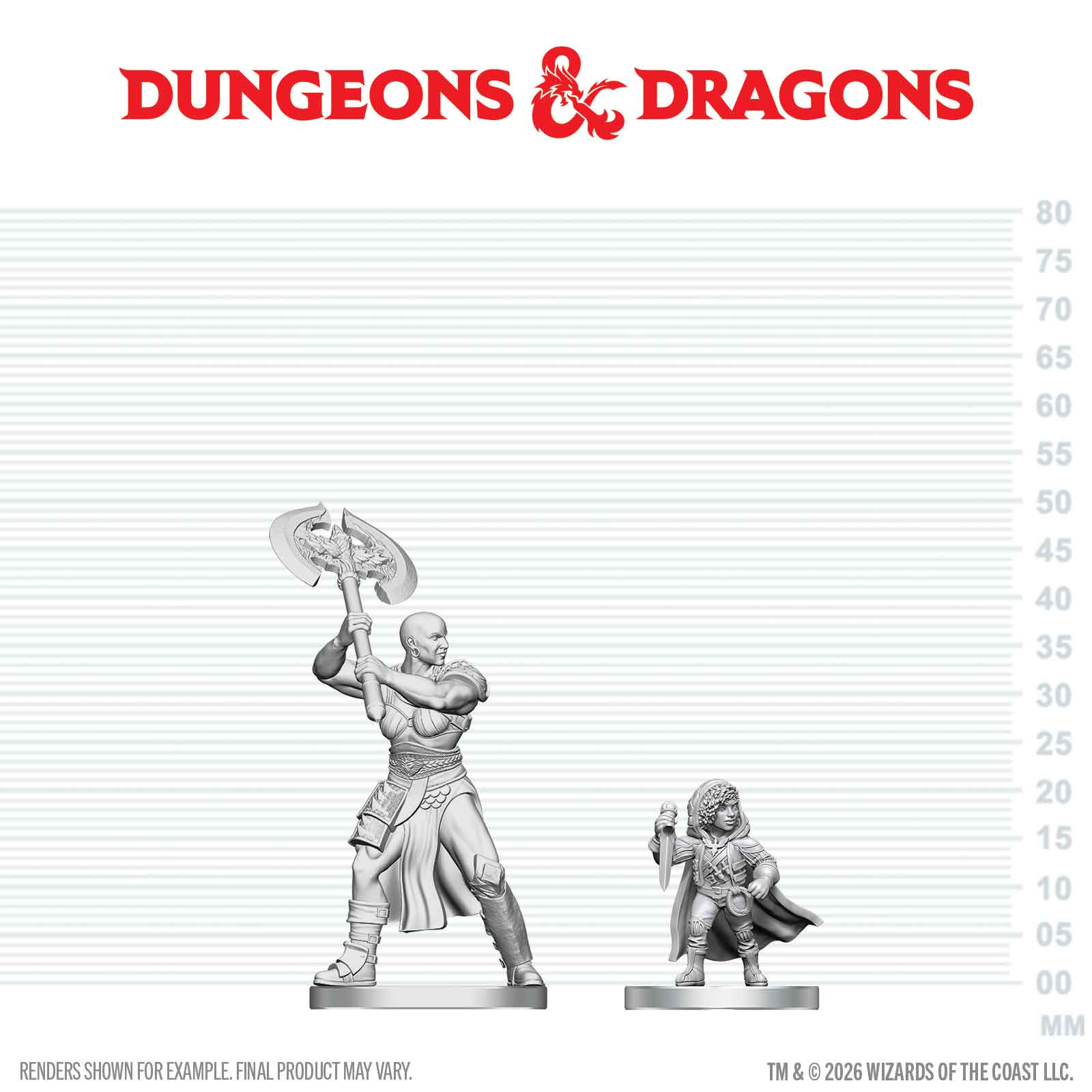 Two miniature figures on a scale with Dungeons & Dragons logo above