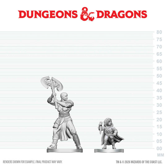 Two miniature figures on a scale with Dungeons & Dragons logo above