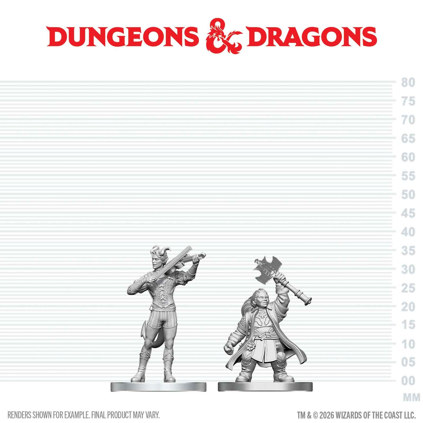 Two miniature figures on a scale with Dungeons & Dragons logo above
