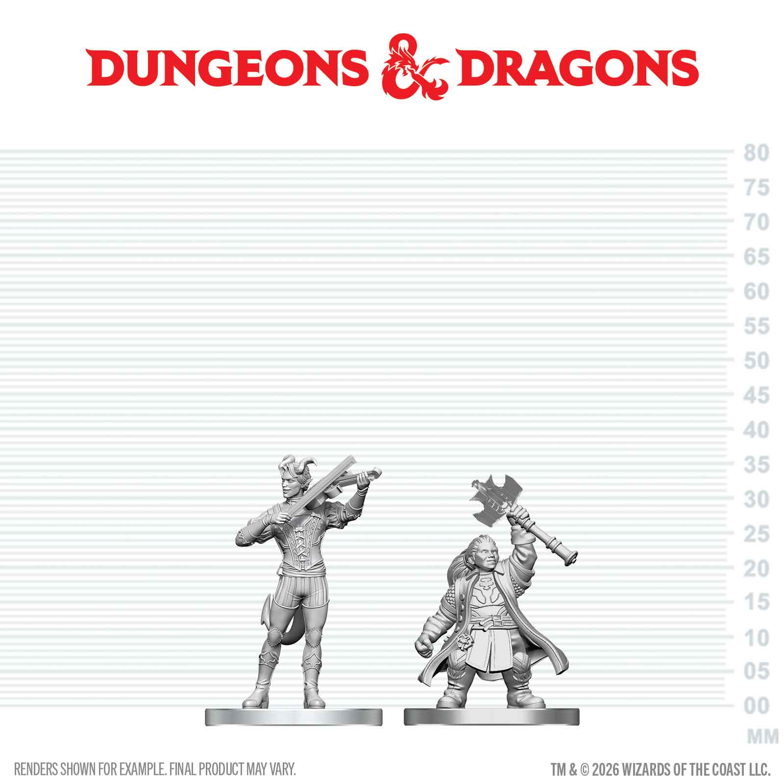 Two miniature figures on a scale with Dungeons & Dragons logo above