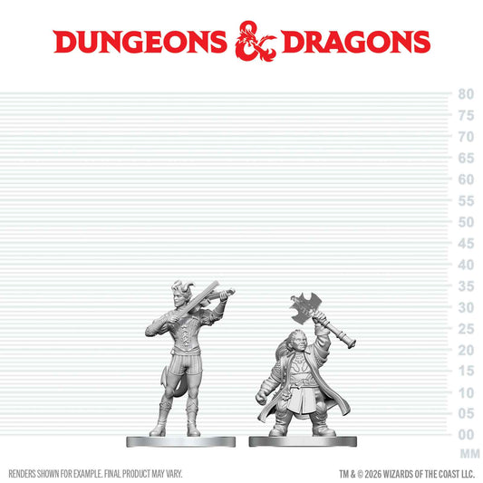 Two miniature figures on a scale with Dungeons & Dragons logo above