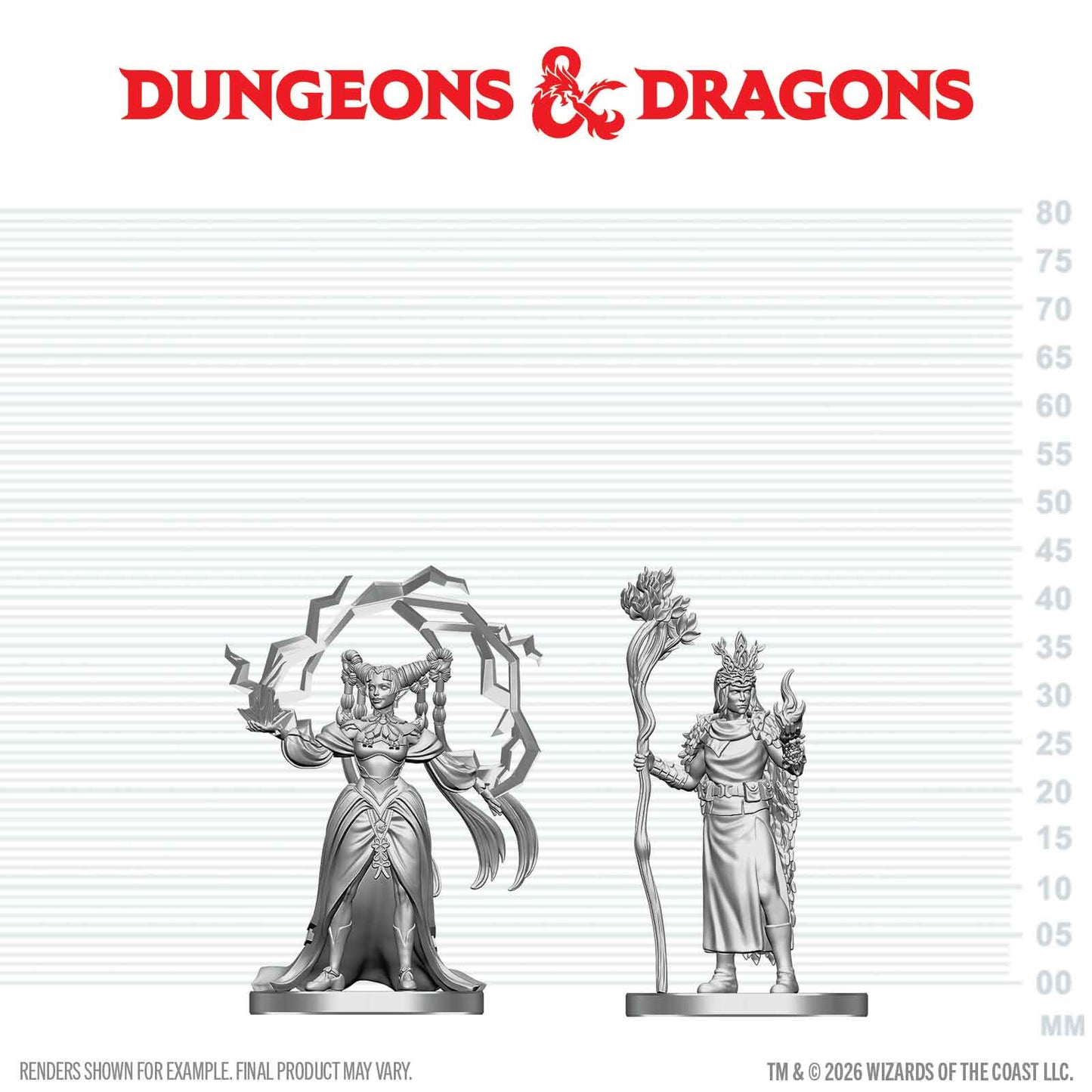 Two miniature figures on a scale with Dungeons & Dragons logo above