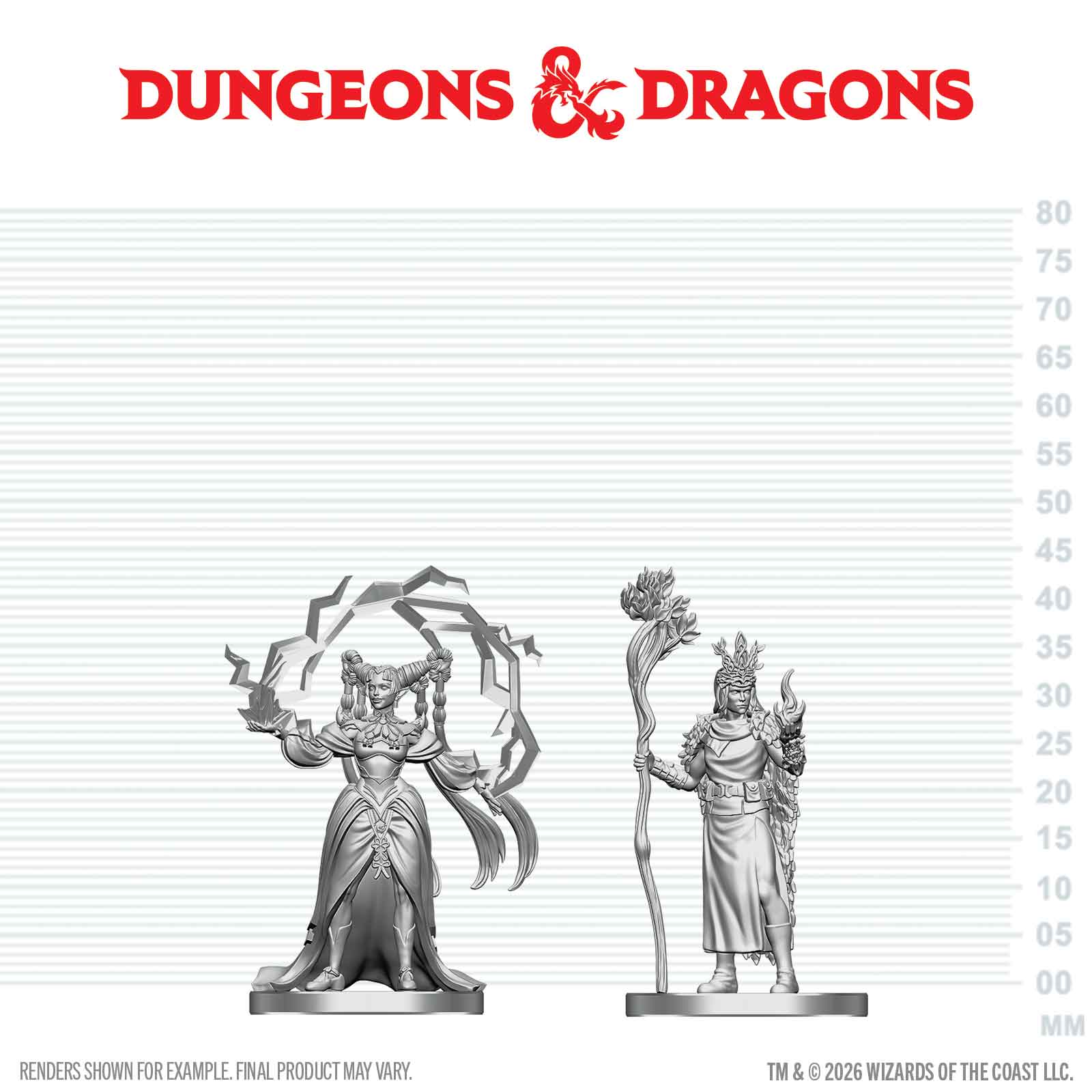 Two miniature figures on a scale with Dungeons & Dragons logo above