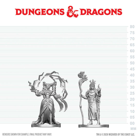 Two miniature figures on a scale with Dungeons & Dragons logo above