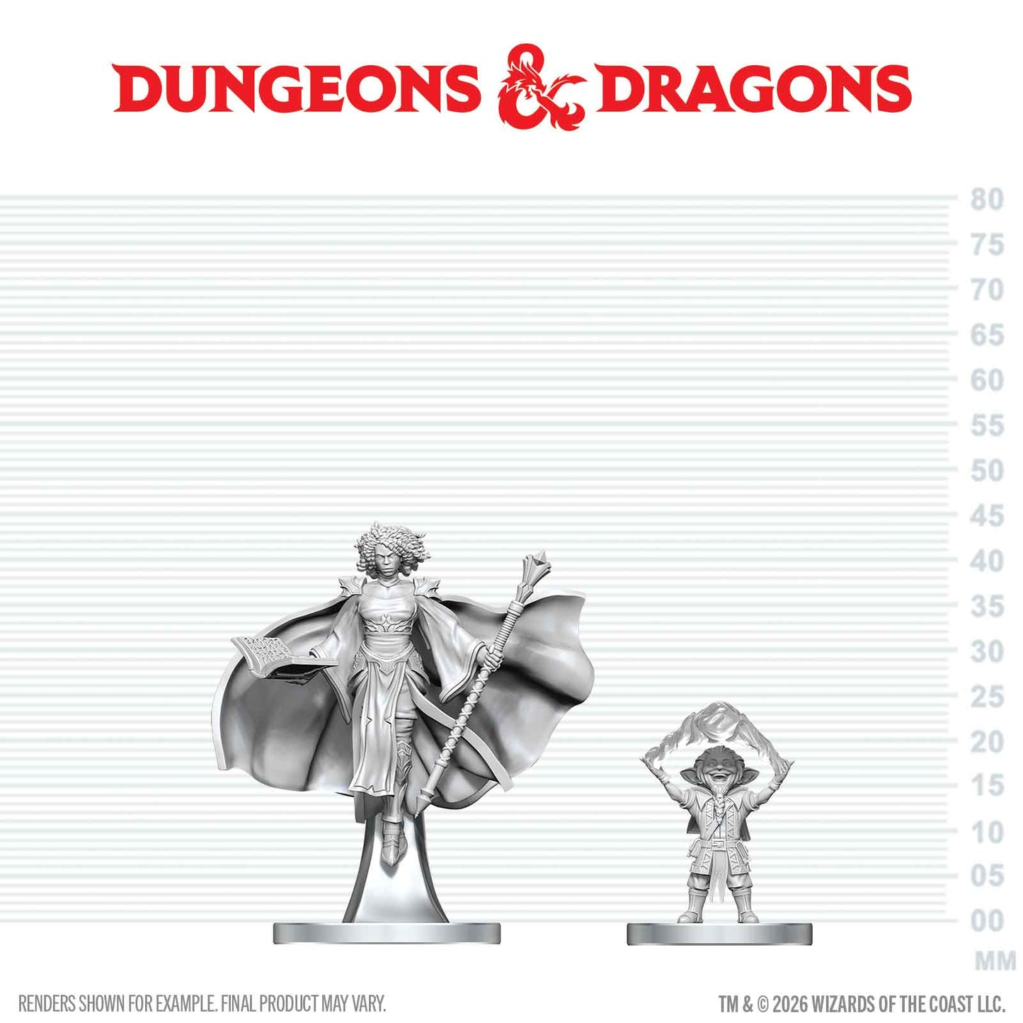 Two miniature figures with a ruler for scale on a white background, featuring the Dungeons & Dragons logo.