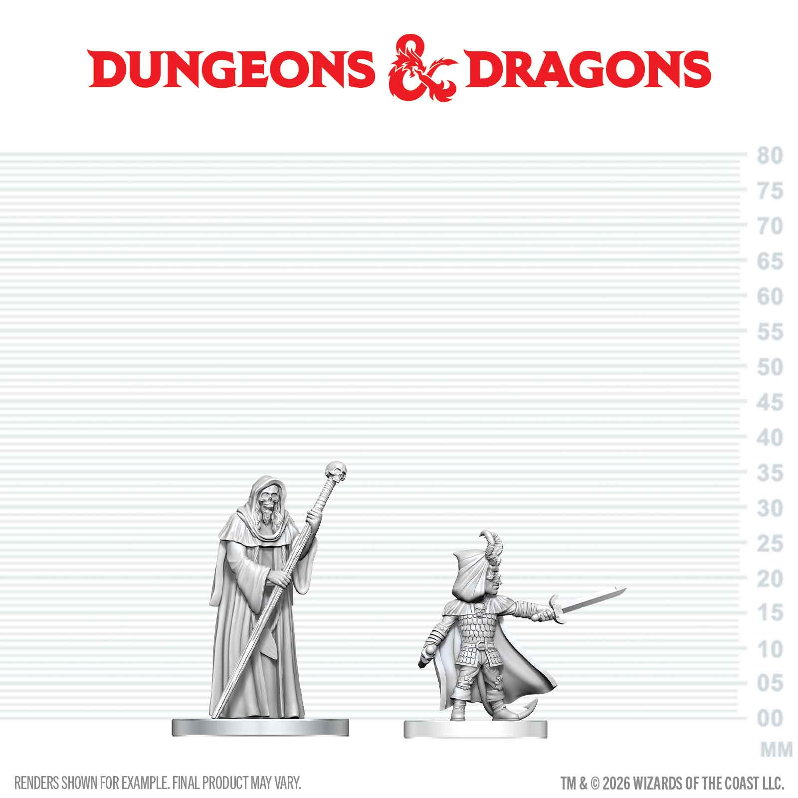 Two miniature figures on a scale with Dungeons & Dragons logo above