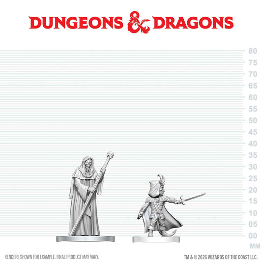 Two miniature figures on a scale with Dungeons & Dragons logo above