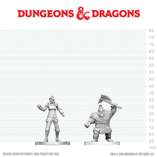 Two miniature figures on a scale with 'Dungeons & Dragons' logo above.