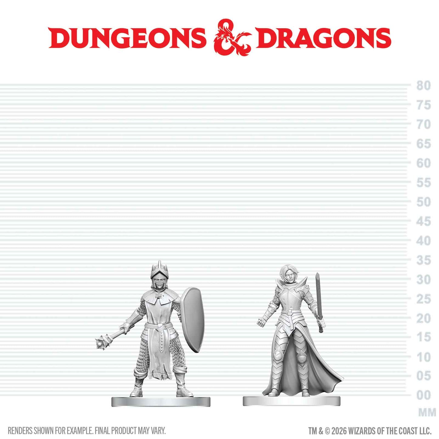 Two miniature figures on a measurement chart with 'Dungeons & Dragons' logo above.