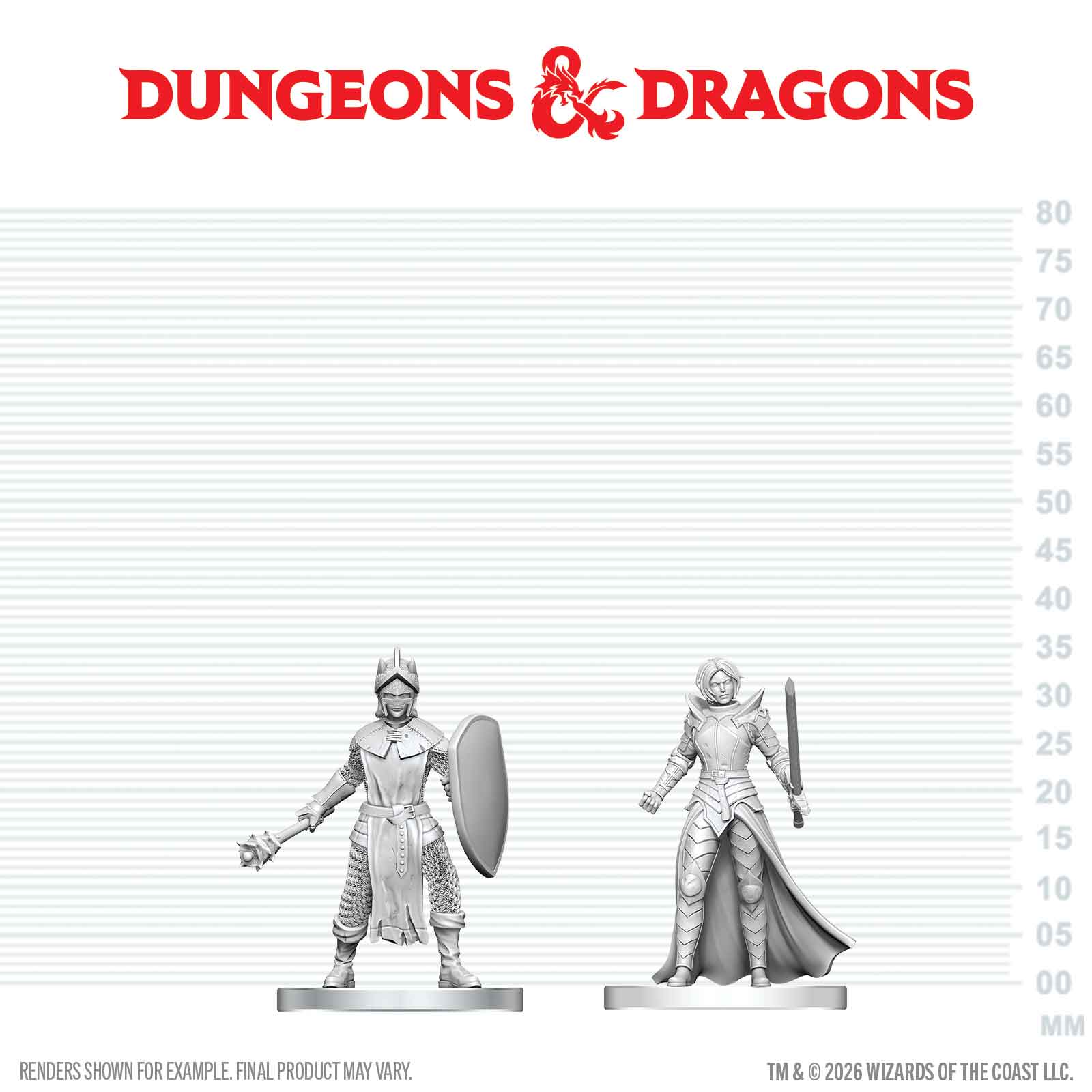 Two miniature figures on a measurement chart with 'Dungeons & Dragons' logo above.