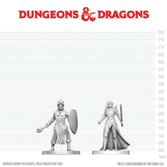 Two miniature figures on a measurement chart with 'Dungeons & Dragons' logo above.