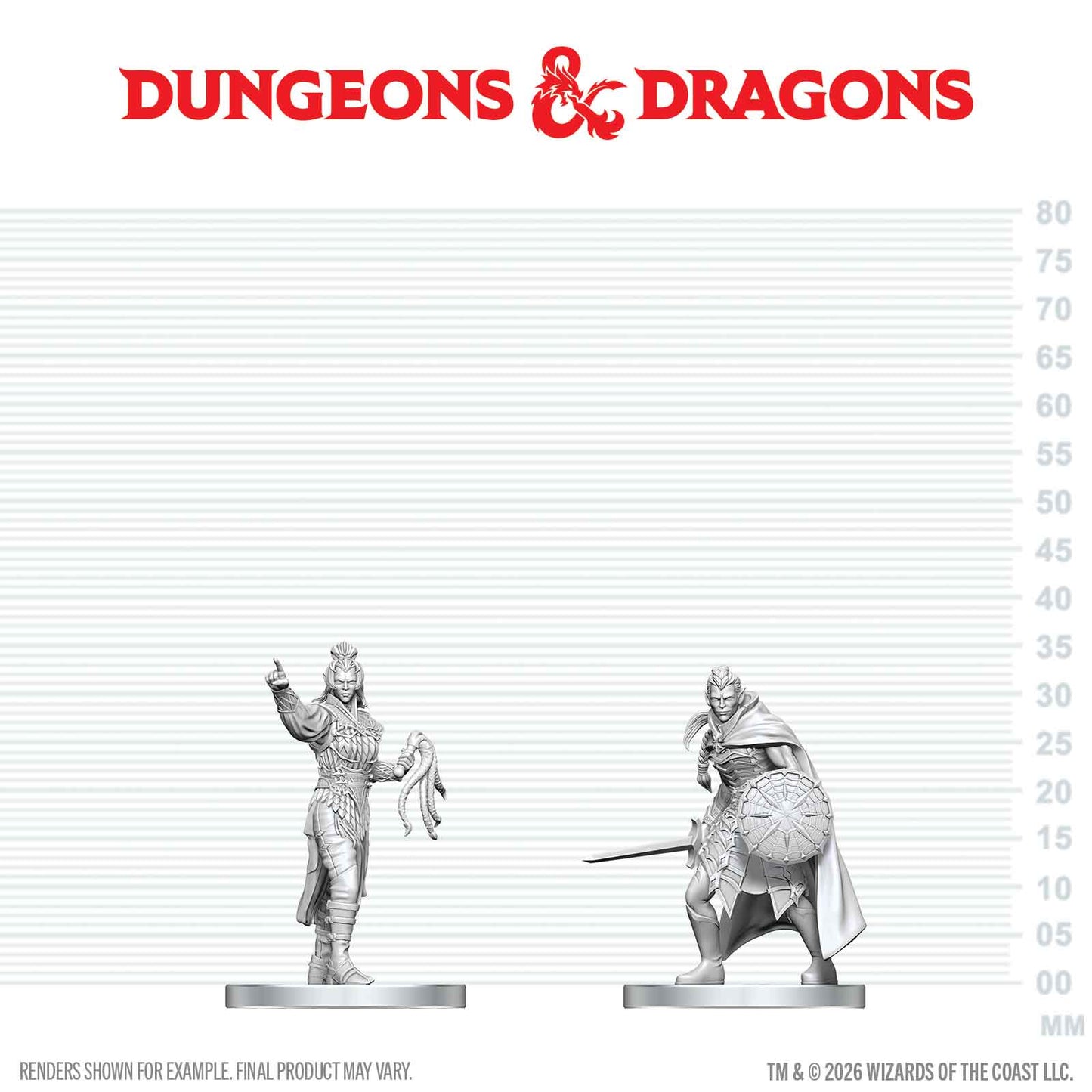 Two miniature figures on a scale ruler with 'Dungeons & Dragons' logo above.