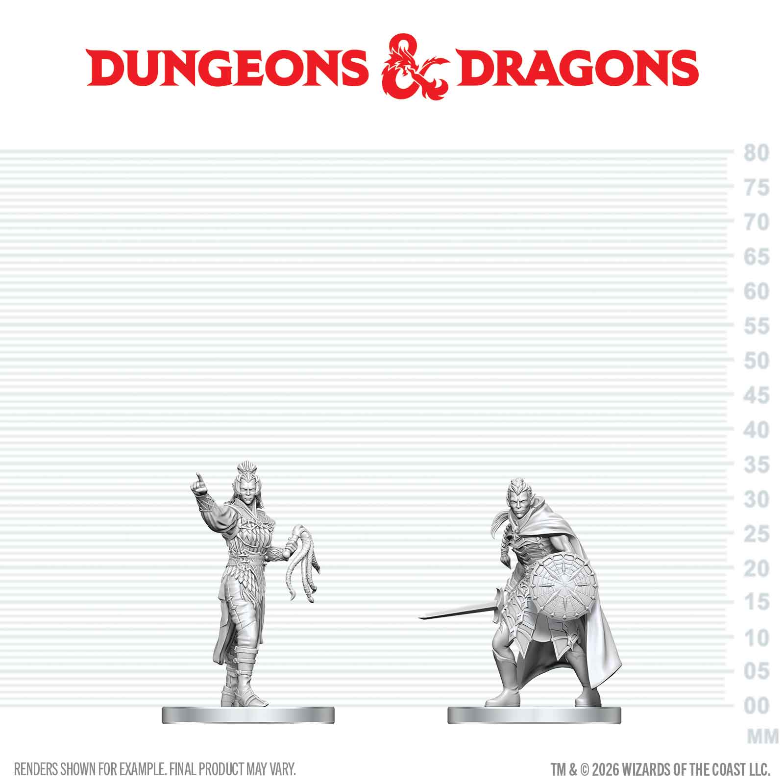 Two miniature figures on a scale ruler with 'Dungeons & Dragons' logo above.