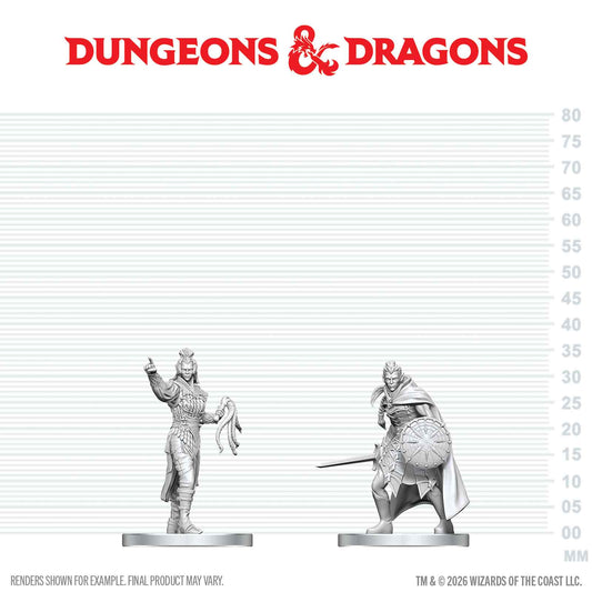 Two miniature figures on a scale ruler with 'Dungeons & Dragons' logo above.