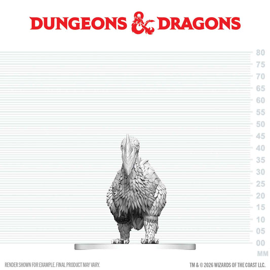Dungeons & Dragons logo with a large bird model on a measurement scale