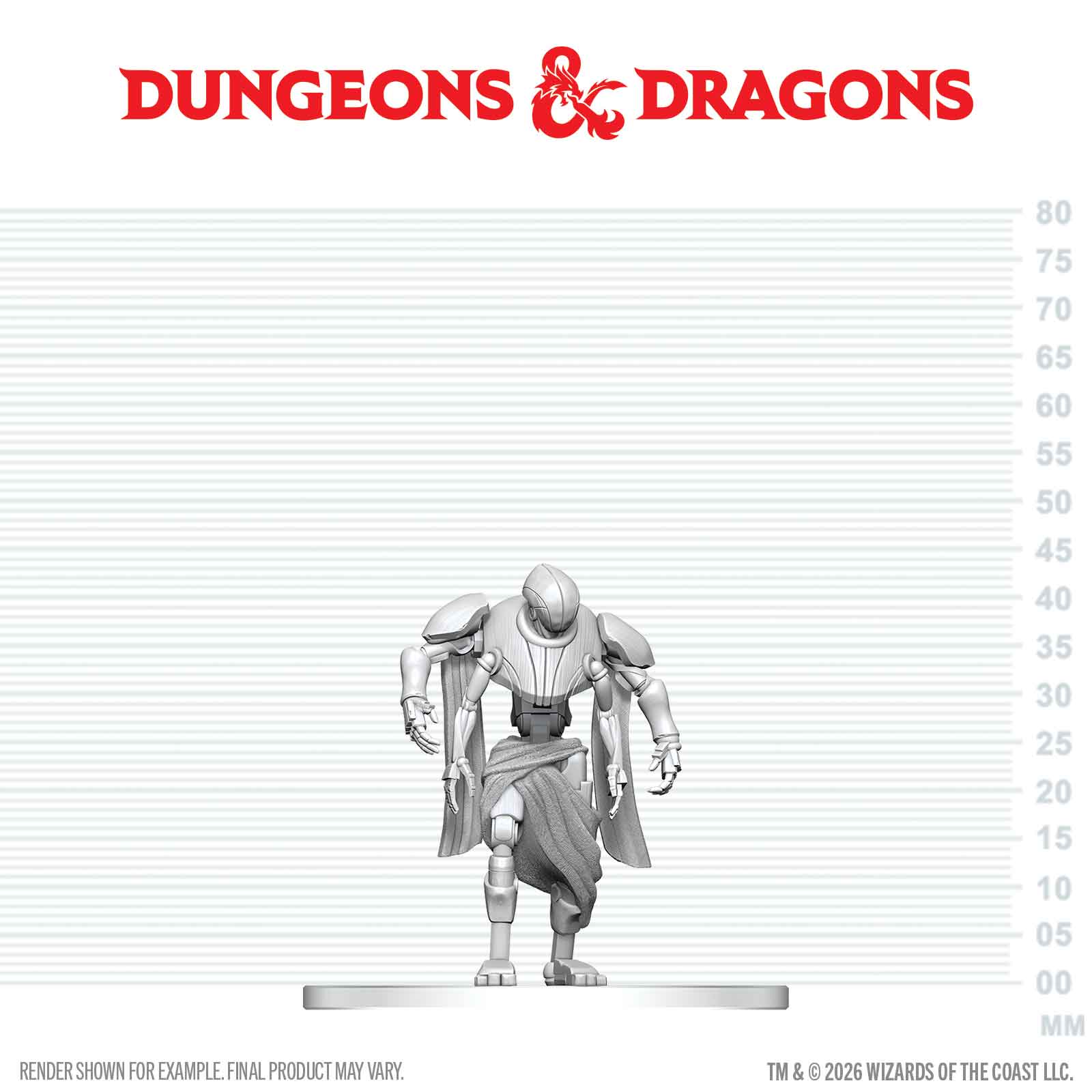 Gray miniature figure on a measurement scale with 'Dungeons & Dragons' logo above