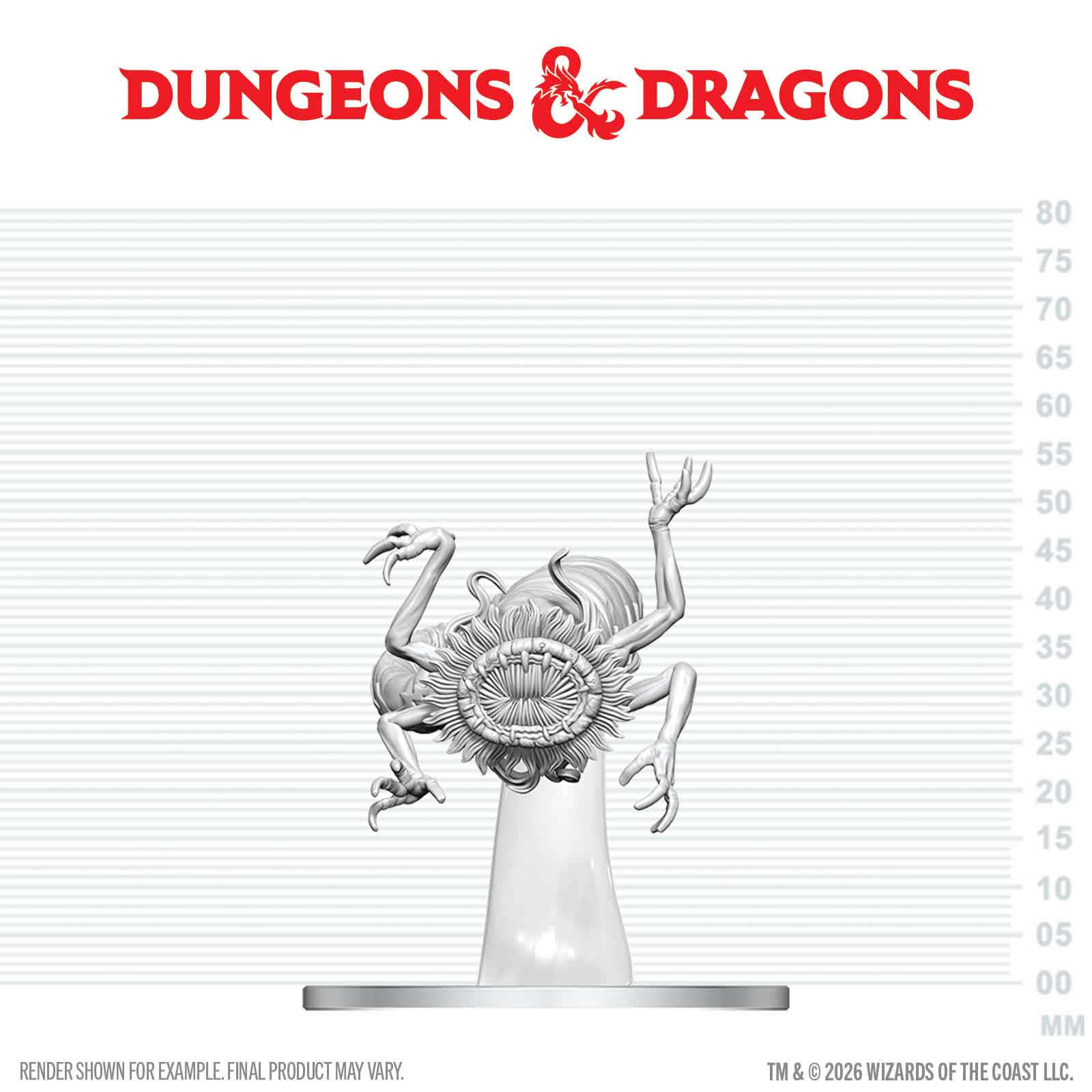 Dungeons & Dragons mini figurine on a measurement scale with brand logo.