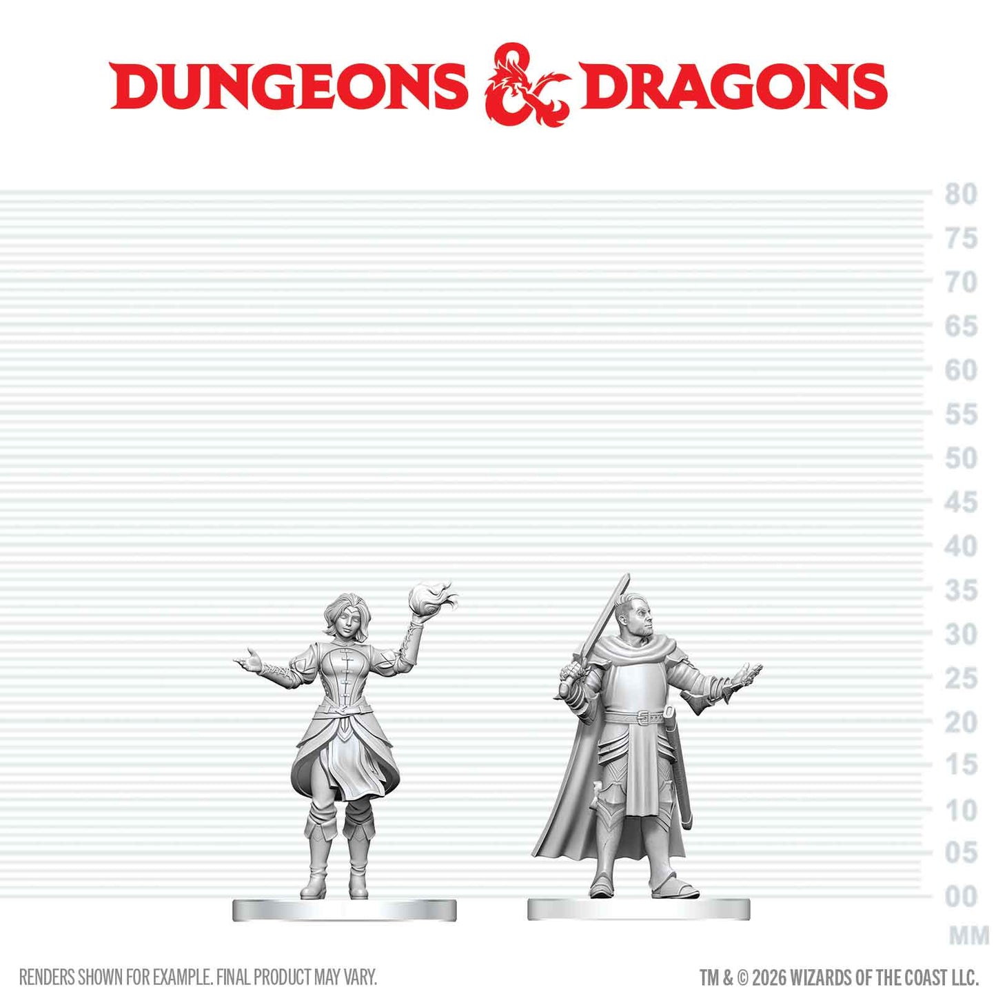 Two miniature figures on a measurement scale with 'Dungeons & Dragons' logo above.