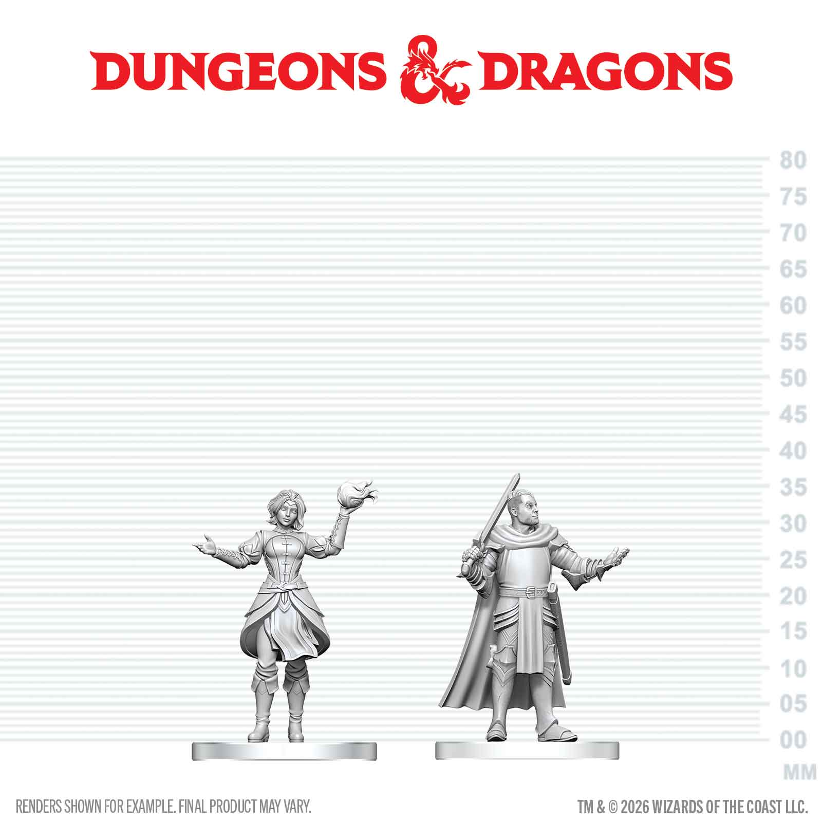 Two miniature figures on a measurement scale with 'Dungeons & Dragons' logo above.