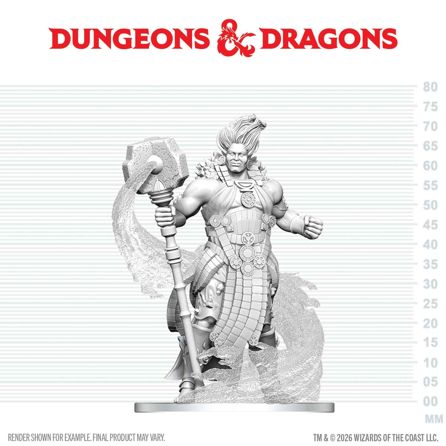 Gray scale figurine with weapon on a white background with 'Dungeons & Dragons' logo.