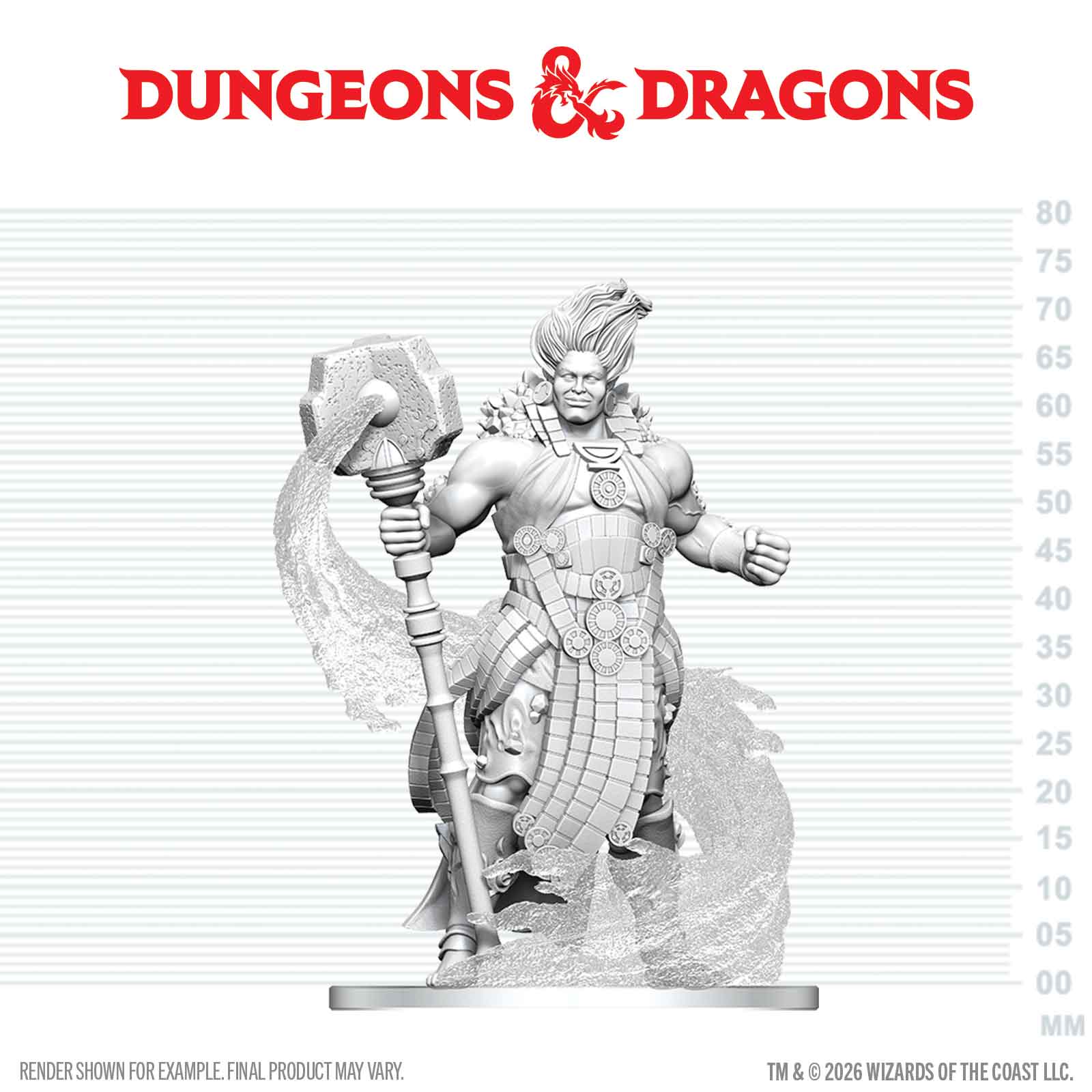 Gray scale figurine with weapon on a white background with 'Dungeons & Dragons' logo.
