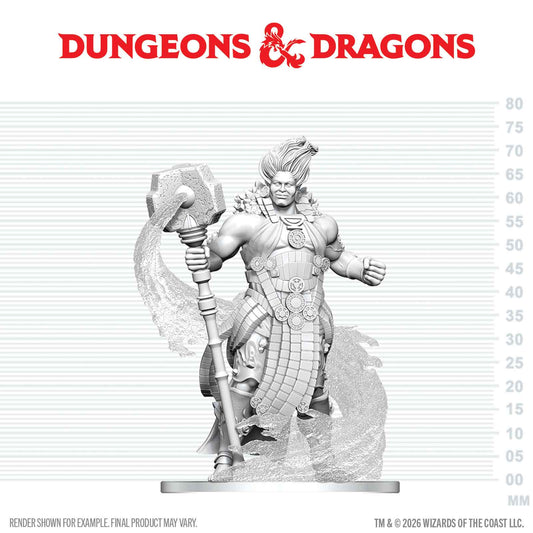 Gray scale figurine with weapon on a white background with 'Dungeons & Dragons' logo.
