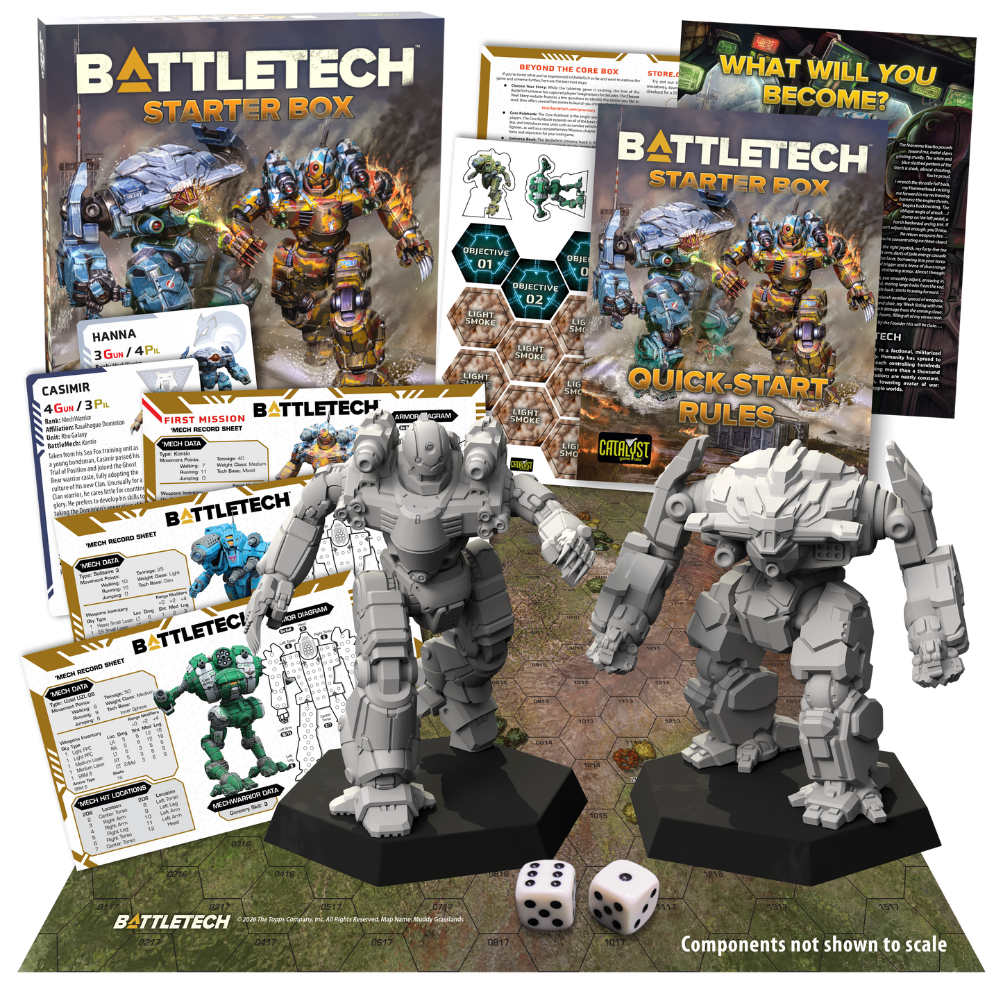 Battletech starter box with two mecha figures, dice, and rulebooks on a green surface.