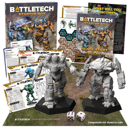 Battletech starter box with two mecha figures, dice, and rulebooks on a green surface.