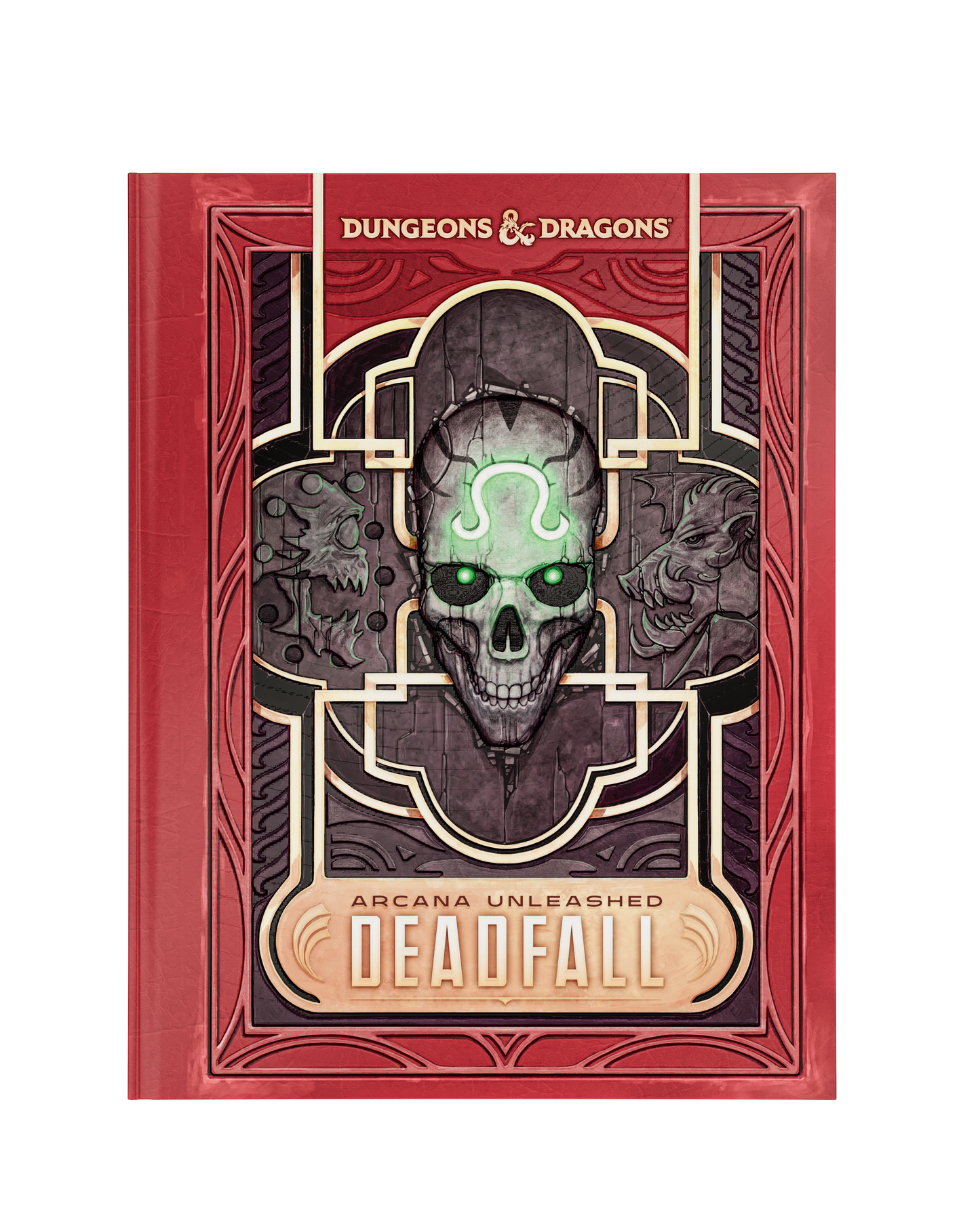 Dungeons & Dragons Arcana Unleashed Deadfall book cover, featuring a red border and a central dark skull illustration with glowing green eyes.