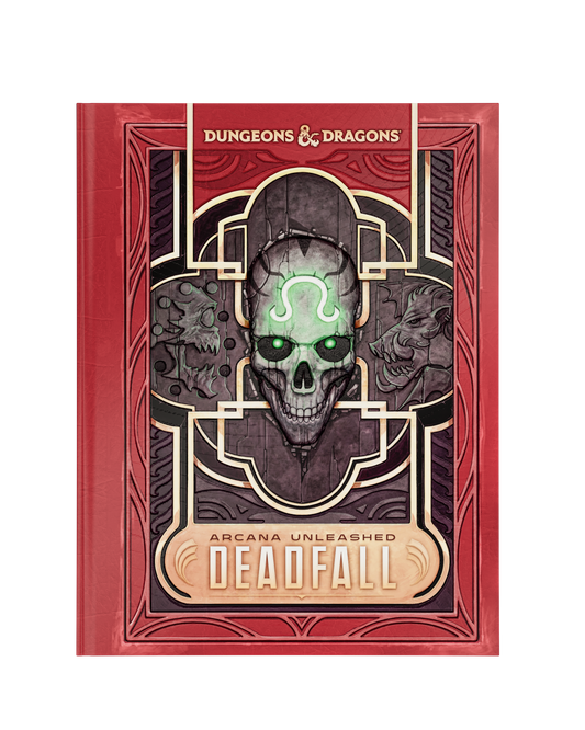 Dungeons & Dragons Arcana Unleashed Deadfall book cover, featuring a red border and a central dark skull illustration with glowing green eyes.