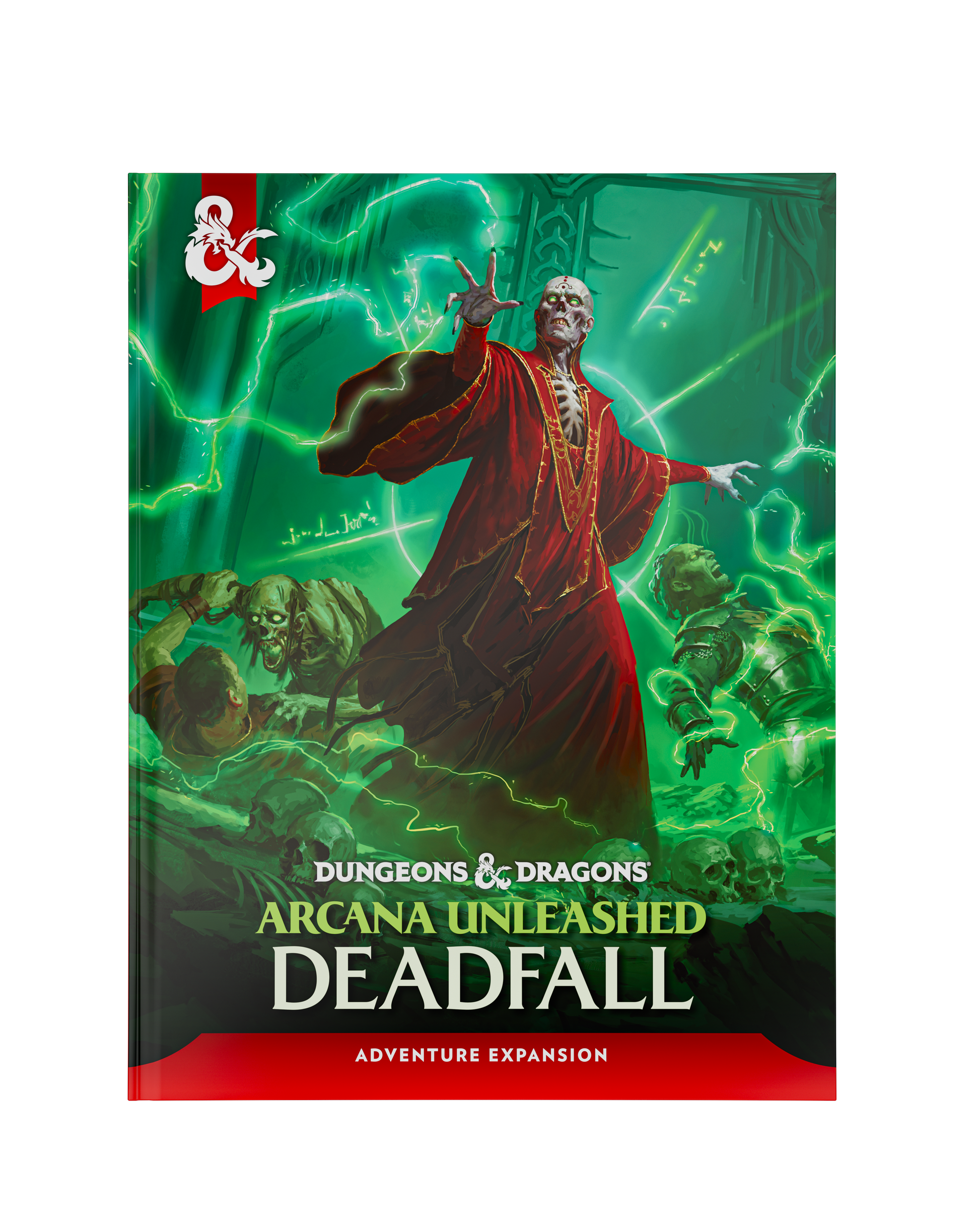 Dungeons & Dragons Arcana Unleashed Deadfall adventure expansion book cover, featuring a green magical scene with a central figure in a red robe and the red D&D logo in the top left.