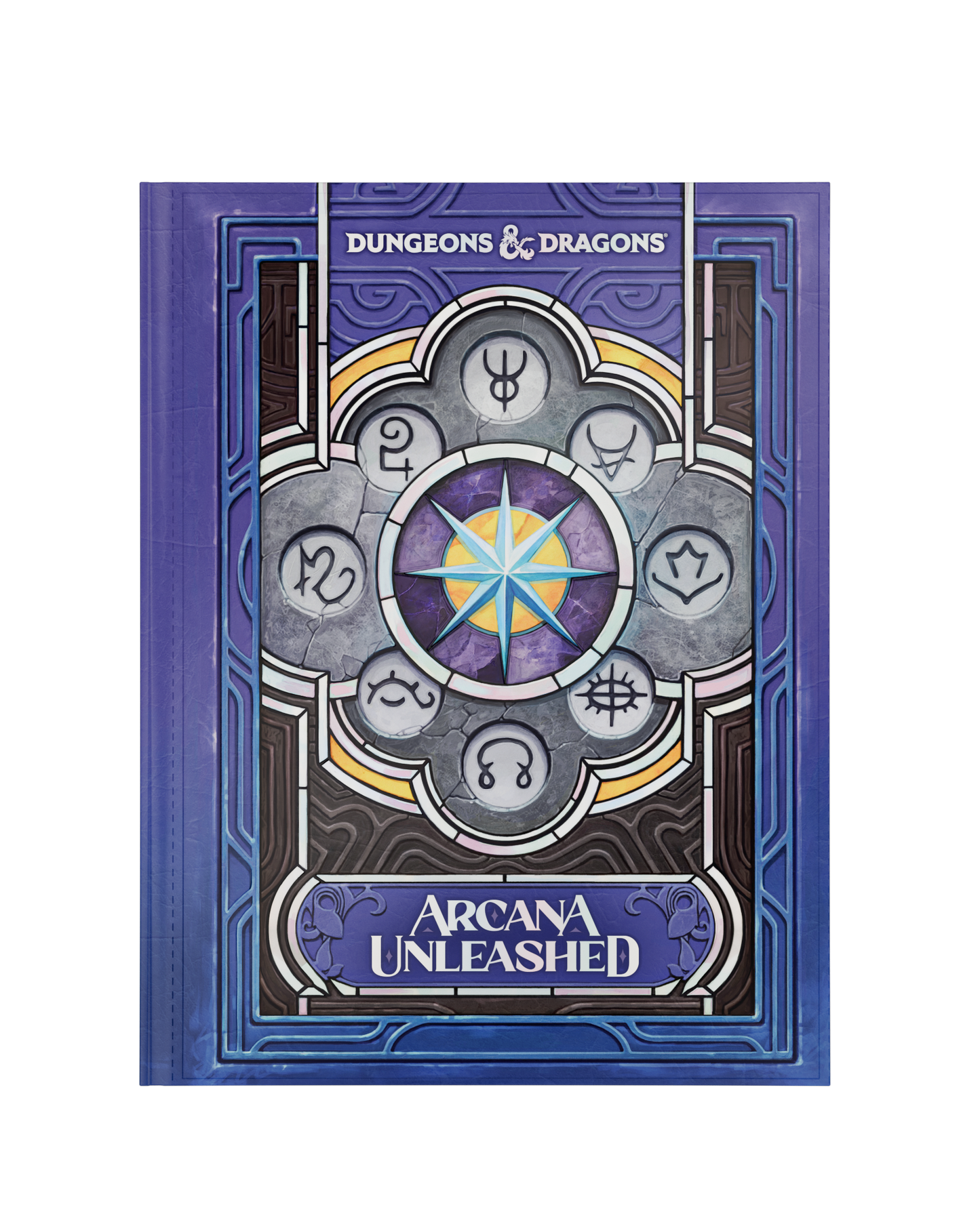 Dungeons & Dragons Arcana Unleashed boxed set or book cover shown upright on a plain white background. The cover features a purple border and a central stained-glass-style emblem with gray, blue, yellow, and purple details, plus visible Dungeons & Dragons branding and the title Arcana Unleashed.