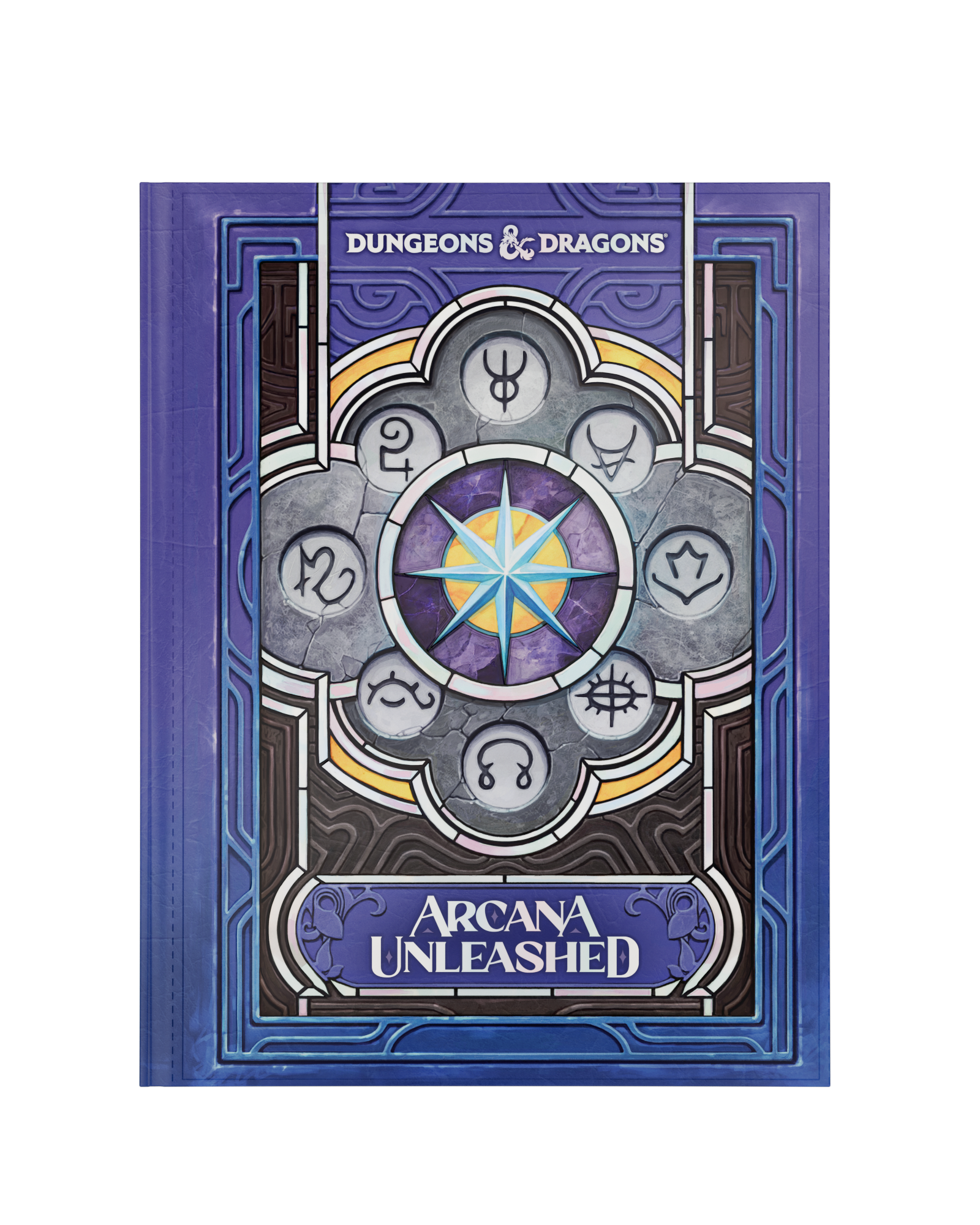 Dungeons & Dragons Arcana Unleashed boxed set or book cover shown upright on a plain white background. The cover features a purple border and a central stained-glass-style emblem with gray, blue, yellow, and purple details, plus visible Dungeons & Dragons branding and the title Arcana Unleashed.