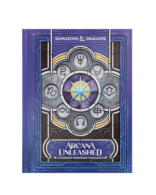 Dungeons & Dragons Arcana Unleashed boxed set or book cover shown upright on a plain white background. The cover features a purple border and a central stained-glass-style emblem with gray, blue, yellow, and purple details, plus visible Dungeons & Dragons branding and the title Arcana Unleashed.