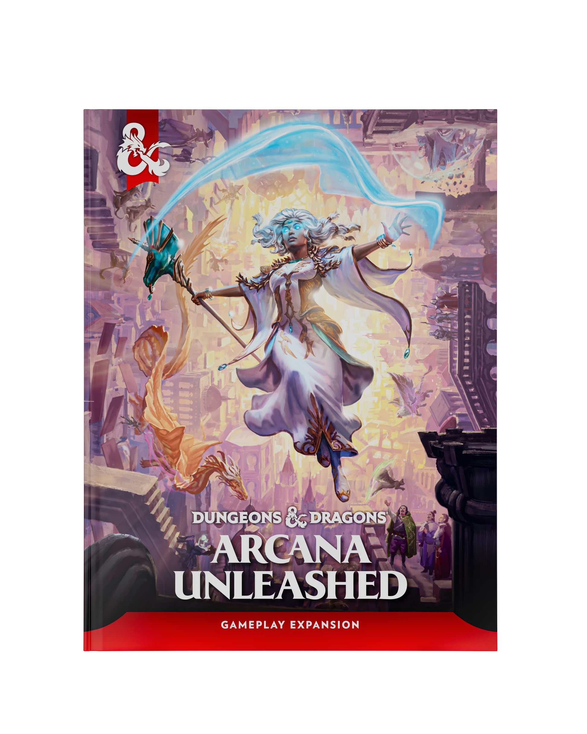 Dungeons & Dragons Arcana Unleashed tabletop gaming expansion book cover, featuring fantasy artwork of a white-robed archer with a glowing blue bow against a purple and gold cityscape, with the red & symbols and title text visible.