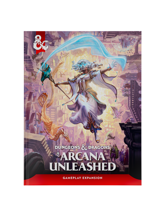 Dungeons & Dragons Arcana Unleashed tabletop gaming expansion book cover, featuring fantasy artwork of a white-robed archer with a glowing blue bow against a purple and gold cityscape, with the red & symbols and title text visible.