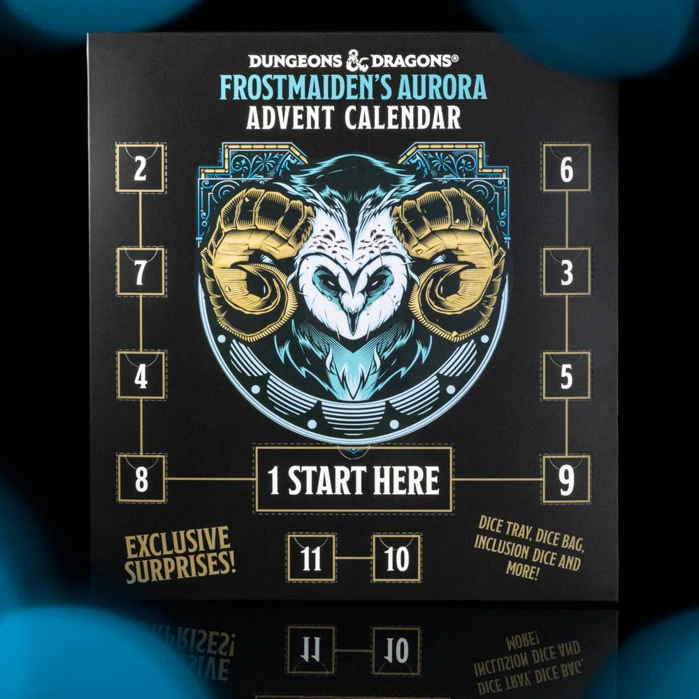 Frostmaiden's Aurora Advent Calendar for Dungeons & Dragons with a black background and blue bokeh lights.