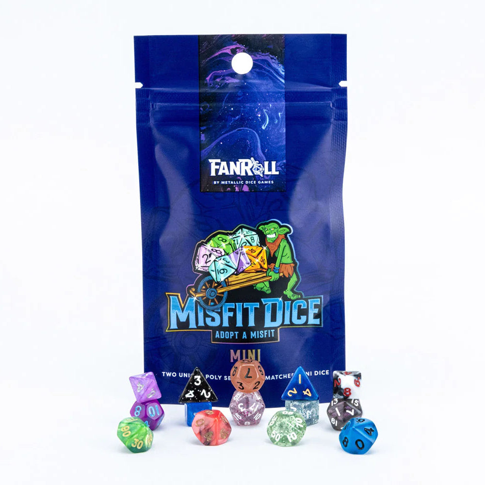 Packaging of Fanroll Misfit Dice with dice set on a white background