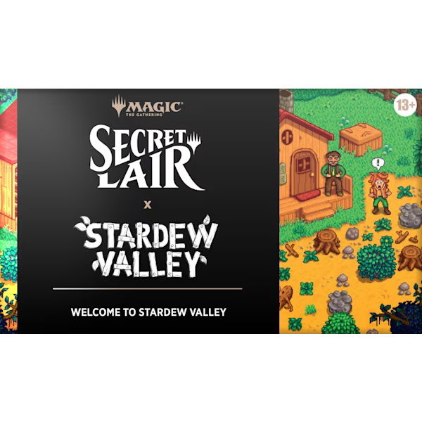 Promotional graphic for Magic: The Gathering Secret Lair x Stardew Valley, featuring a large black panel with white logo text on the left and an isometric cartoon game scene on the right showing a cabin, character, and Stardew Valley landscape.