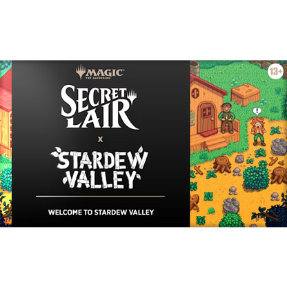 Promotional graphic for Magic: The Gathering Secret Lair x Stardew Valley, featuring a large black panel with white logo text on the left and an isometric cartoon game scene on the right showing a cabin, character, and Stardew Valley landscape.