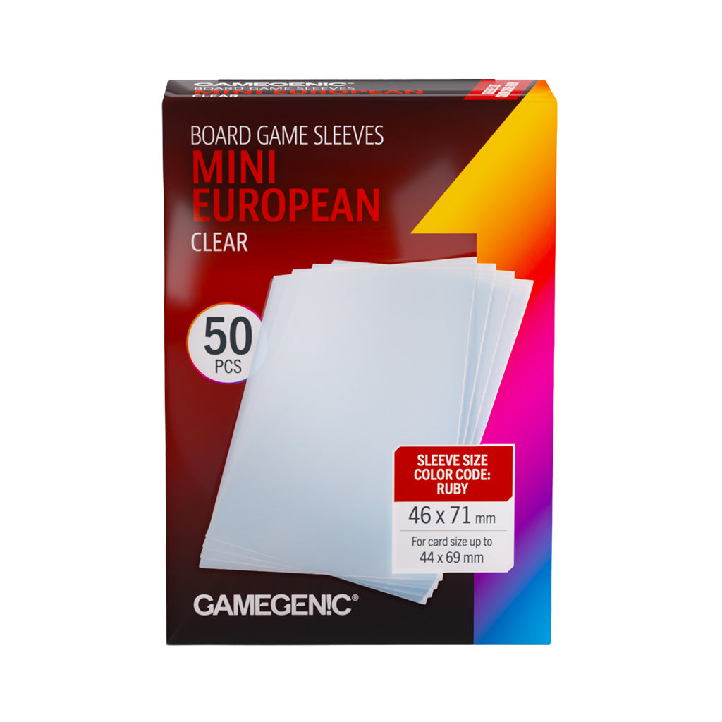 Box of Gamegenic Mini European board game sleeves with clear sleeves inside